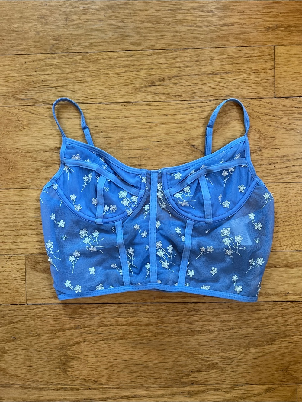 Full Tilt Blue Floral Mesh Longline Bralette with White Embroidery